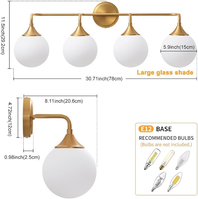 Brushed Gold Bathroom Light Fixtures Over Mirror Vanity 4-Light | Mid Century Modern Brushed Gold Wall Sconce with Milky White Glass Ball Shades for for Bathroom Dressing Table Bedroom