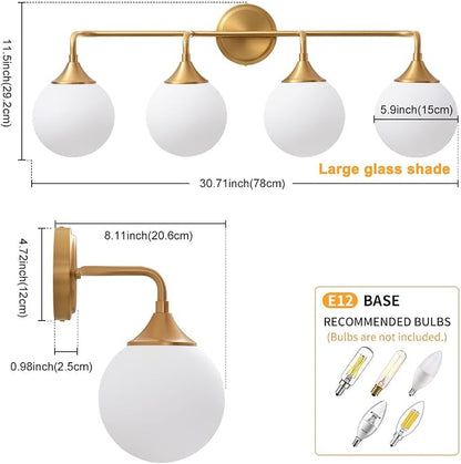 Brushed Gold Bathroom Light Fixtures Over Mirror Vanity 4-Light | Mid Century Modern Brushed Gold Wall Sconce with Milky White Glass Ball Shades for for Bathroom Dressing Table Bedroom