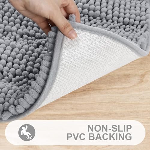 Grandaily Chenille Striped Bathroom Rugs 70x24, Extra Thick and Absorbent Bath Mats, Non-Slip Soft Plush Shaggy Shower Carpet, Machine Wash Dry, Bath Rug for Bathroom, Light Grey