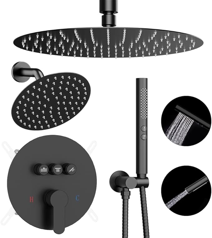 Shower Systems Round Shower Faucet Sets,12+6" Dual Rainfall Shower head with 2 in 1 Handheld Spray, Ceiling Mount Push Button Shower Set with Valve and Trim Kit Matte Black,Can Use All at Once