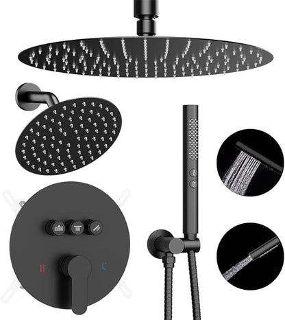 Shower Systems Round Shower Faucet Sets,12+6" Dual Rainfall Shower head with 2 in 1 Handheld Spray, Ceiling Mount Push Button Shower Set with Valve and Trim Kit Matte Black,Can Use All at Once