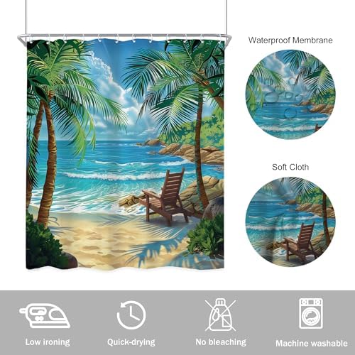 Ocean Coastal Nautical Beach Tropical Palm Tree Bathroom Shower Curtain Set
