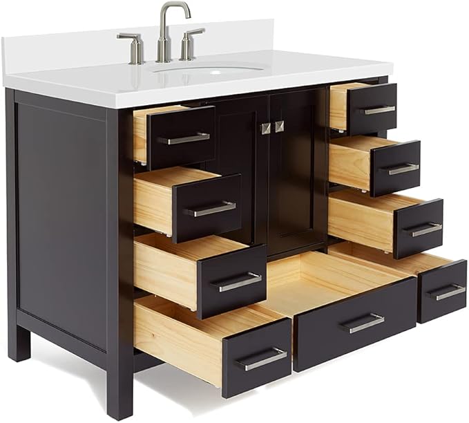 ARIEL Cambridge 42-inch Bathroom Vanity with Sink,Solid Wood, 1.5-inch Pure White Quartz Countertop & Backsplash, Single Oval Porcelain Sink, 2 Soft Closing Doors, 9 Dovetail Drawers, Espresso
