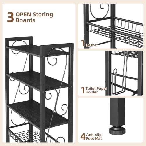 Over-The-Toilet Storage Rack 4-Tier,Bathroom Organizer Shelf Over Toilet,Adjustable Wooden Shelves and Basket,Freestanding Above Toilet Shelf,Space Saver for Rooms(Black Rack-Black Shelves)