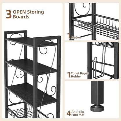 Over-The-Toilet Storage Rack 4-Tier,Bathroom Organizer Shelf Over Toilet,Adjustable Wooden Shelves and Basket,Freestanding Above Toilet Shelf,Space Saver for Rooms(Black Rack-Black Shelves)