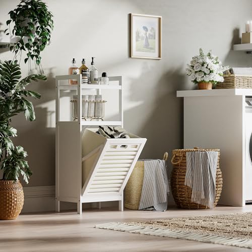 HITNET Bamboo Tilt Out Hamper, 10 Gal Bathroom Laundry Cabinet with Hidden Foldable Basket, Freestanding Clothes Storage Organizer with Storage Shelf, White
