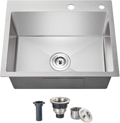 20 Inch Drop in Kitchen Sink, 9" Deep Single Bowl | 304 Stainless Steel Single Bowl with 2 Holes, R10 Tight Radius, Topmount Installation, for Modern Kitchen/RV Sink, Brushed