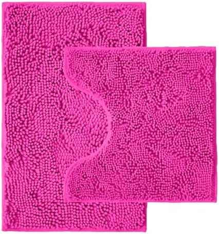 Bathroom Rugs Sets 2 Piece,Super Absorbent Chenille Bath Mats and U-Shaped Toilet Rug,Strong PVC Non Slip Backing,Microfiber Washable Dry Quickly Bath Mats for Bathroom(20"x32"+20"x20"U,Hot Pink)