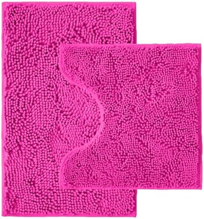 Bathroom Rugs Sets 2 Piece,Super Absorbent Chenille Bath Mats and U-Shaped Toilet Rug,Strong PVC Non Slip Backing,Microfiber Washable Dry Quickly Bath Mats for Bathroom(20"x32"+20"x20"U,Hot Pink)