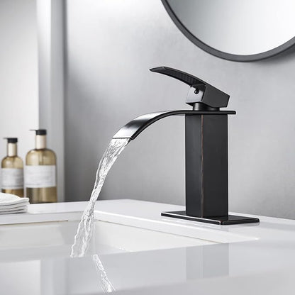 VOTON Bathroom Faucets Oil Rubbed Bronze Modern Single Handle Waterfall Sink Faucet for 1 or 3 Holes with Deck Plate, Rv Sink Camper Farmhouse Bathroom Utility Remodel Faucet