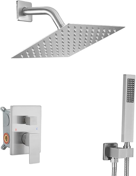 Brushed Nickel Shower System with 8'' Rainfall Shower Head, Handheld Shower head, Bathroom Luxury Rain Mixer Shower Combo Set Wall Mounted Shower Faucet Rough-in Valve and Trim Kit