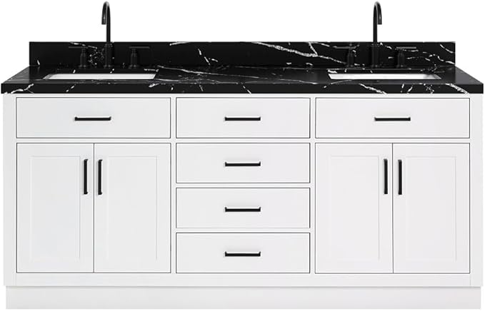 ARIEL Hepburn 72 Inch Double Rectangle Sink Bathroom Vanity with Nero Marquina Black Quartz Countertop 1.5 Inch in White