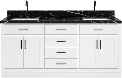 ARIEL Hepburn 72 Inch Double Rectangle Sink Bathroom Vanity with Nero Marquina Black Quartz Countertop 1.5 Inch in White