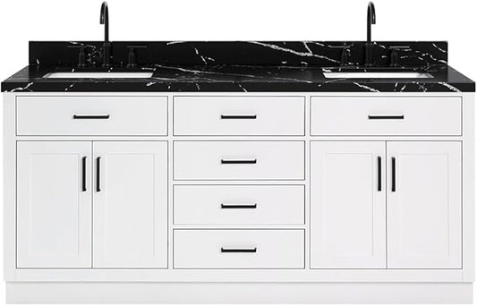 ARIEL Hepburn 72 Inch Double Rectangle Sink Bathroom Vanity with Nero Marquina Black Quartz Countertop 1.5 Inch in White