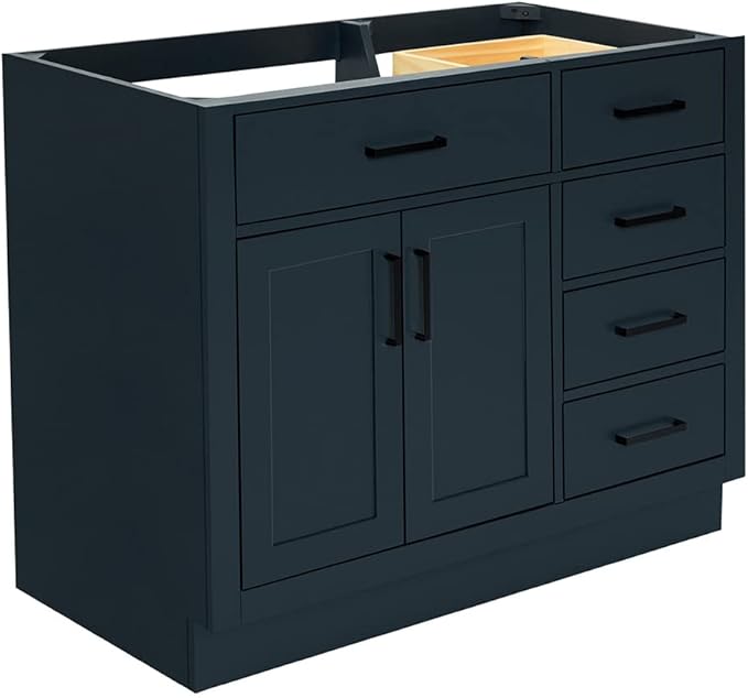 ARIEL Hepburn 42-inch Bathroom Vanity Base Cabinet,Solid Wood, 2 Soft Closing Doors, 5 Dovetail Drawers, Midnight Blue
