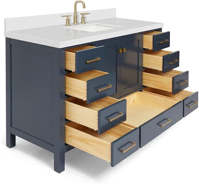 ARIEL Cambridge 54-inch Bathroom Vanity with Sink,Solid Wood, 1.5-inch Pure White Quartz Countertop, Single Rectangular Porcelain Sink, 2 Soft Closing Doors, 9 Dovetail Drawers, Midnight Blue