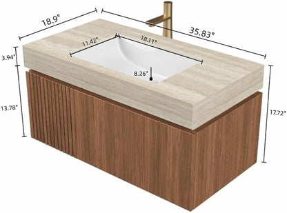 KEIKI 36 Inch Floating Bathroom Vanity with Sink, Modern Wall Mounted Storage Cabinet with Drawer, Pre-assembled Waterproof Wood Panels, Sintered Stone Top & Ceramic Basin Combo Set, Brown Oak & Beige