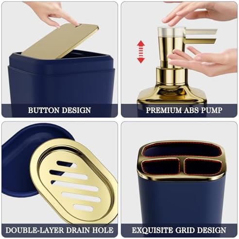 XLHOMO Bathroom Accessories Set - 25PC Bathroom Set with Shower Curtain and Rugs, Blue Bathroom Set, Bathroom Accessory Set with Press-on Lid Trash Can, Soap Dispenser and Qtip Holders