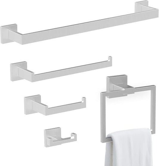 BOZWELL 5 Piece Brushed Nickel Stainless Steel Towel Bar Set, 23.6 inch Square Bathroom Hardware Accessories Set,Wall Mounted Towel Racks for Bathroom with TP
