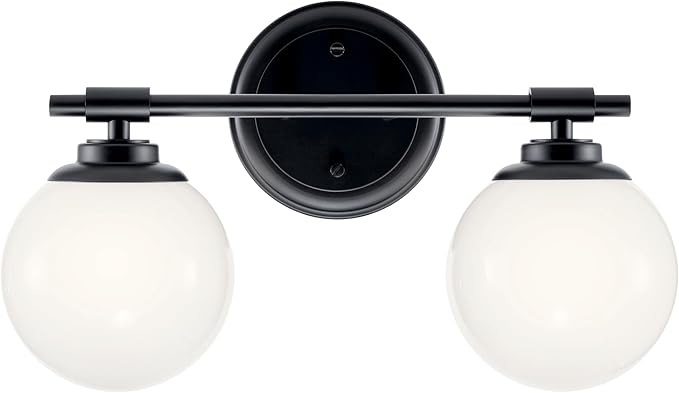 Kichler Benno 2-Light Vanity, Modern Light with Opal Glass in Black, for Bathroom or Powder Room (8.75" x 14.75"), 55171BK