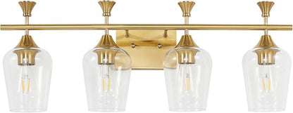 Bathroom Light Fixtures (4-Light, 29 Inch), Brushed Gold Vanity Lights for Bathroom with Clear Wine Glass Glass Shade, Modern Vanity Wall Lights for Mirror Bedroom Living Room Kitchen Hallway Porch