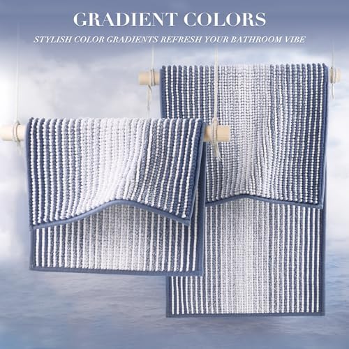 BSICPRO Bathroom Rugs Sets 2 Piece, Non Slip Striped Bath Mats, Denim Blue