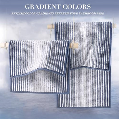 BSICPRO Bathroom Rugs Sets 2 Piece, Non Slip Striped Bath Mats, Denim Blue