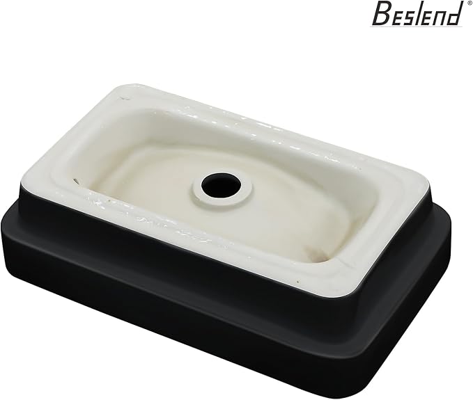 Vessel Bathroom Sink-Beslend Semi Recessed Black&White 19x12 Above Counter Rectangular Ceramic Wash Sinks Top Counter Porcelain Modern Art Basin