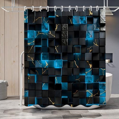 LQCOOL 4Pcs Black and Blue Shower Curtain Set 3D Cubes Bathroom Sets Modern Shower Curtain Set for Bathroom Sets with Rugs and 12 Hooks