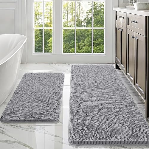 OLANLY Chenille Bathroom Rugs Mats Sets 2 Piece, 47"x20"+30"x20", Grey