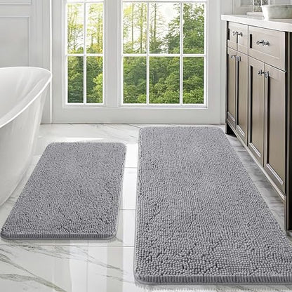 OLANLY Chenille Bathroom Rugs Mats Sets 2 Piece, 47"x20"+30"x20", Grey