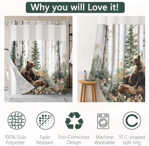 No Hook Woodland Animal Shower Curtain and Liner Set 71x74 Inch