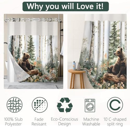 No Hook Woodland Animal Shower Curtain and Liner Set 71x74 Inch