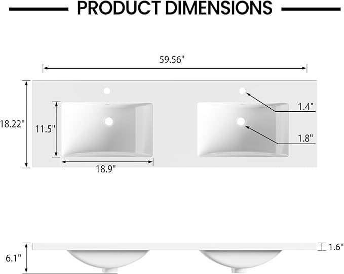 60 in. W x 18.2 in. D Double Sink Bathroom Vanity Top with Integrated Resin Basin, Stain-Resistant & Scratch-Resistant Bathroom Countertop, Without Matte Black Faucet & Pop up-Drain, White