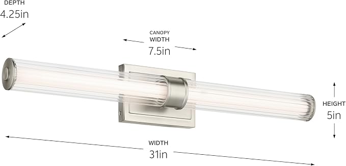 Kichler Laurene LED Bath Bar Light, Brushed Nickel | Linear vanity light with clear fluted glass for bathroom mirrors (31" x 5"), 55197NILED