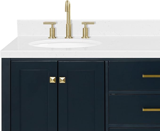 ARIEL Cambridge 66-inch Bathroom Vanity with Sink,Solid Wood, 1.5-inch Carrara White Quartz Countertop, Double Oval Porcelain Sink, 4 Soft Closing Doors, 6 Dovetail Drawers, Midnight Blue