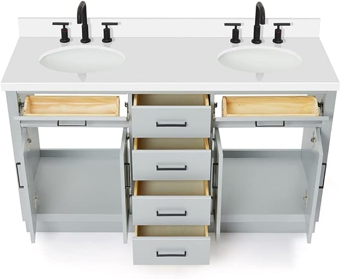 ARIEL Hepburn 60-inch Bathroom Vanity with Sink,Solid Wood, 1.5-inch Pure White Quartz Countertop & Backsplash, Double Oval Porcelain Sink, 4 Soft Closing Doors, 6 Dovetail Drawers, Grey