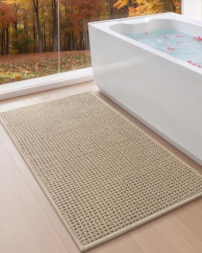 Color&Geometry Chenille Pile Small Bathroom Rugs Upgraded Denser, 16"x24" Non Slip Absorbent Khaki Bath Mats for Bathroom Thin Fit Under Door, Washable Quick Dry
