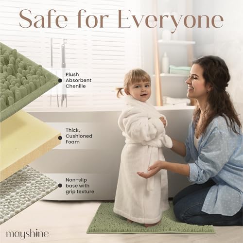 MAYSHINE Large Plush Shaggy Chenille Bath Mat 39"x24" Extra Soft, Super Absorbent, Non-Slip Bathroom Rug | Fluffy Microfiber, Area Rug Sets for Bathroom Floor, Kitchen, Living Room | Sage Green