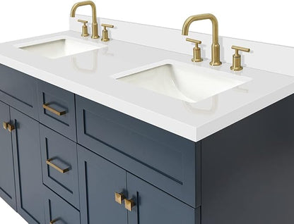 DKB Bradford 60" Midnight Blue Double Bathroom Vanity with Sink, 1.5" Pure White Quartz Countertop, Rectangular Undermount Sinks, Soft Closing Doors & Dovetail Drawers, Satin Brass