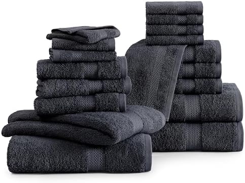 LANE LINEN Bath Towel Set Quick Dry 100% Cotton 18 Piece Soft - Black