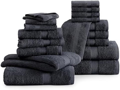 LANE LINEN Bath Towel Set Quick Dry 100% Cotton 18 Piece Soft - Black