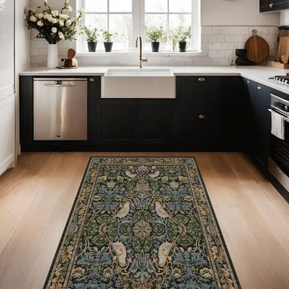 Large Entryway Rugs Indoor - 3x5 Washable Rugs for Kitchen Bedroom Beside Bed Door Mat Indoor Entrance with Moody Woodland Flowers, Non Slip Stain Resistant Low Pile