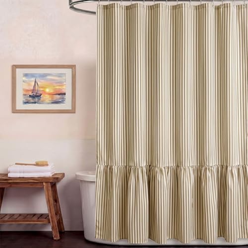 HunnmingRe Taupe Farmhouse Striped Shower Curtain Ruffle Hem 72x72''