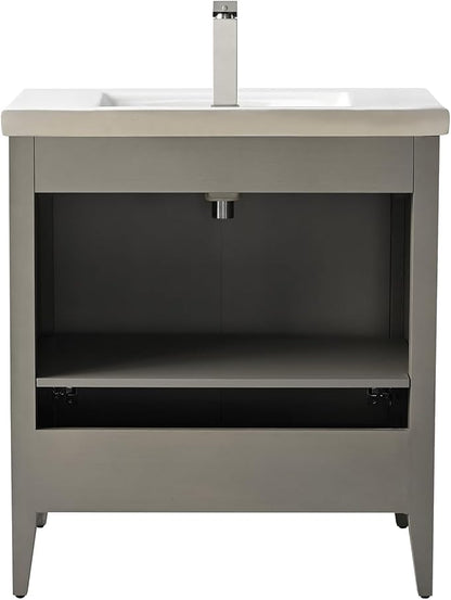 HOMEBEYOND 30" Bathroom Vanity with Ceramic Sink, Solid Wood Free-Standing Vanities Cabinet, Ceramic Top, Golden Brushed Handware & Soft Closing Door, Driftwood Gray