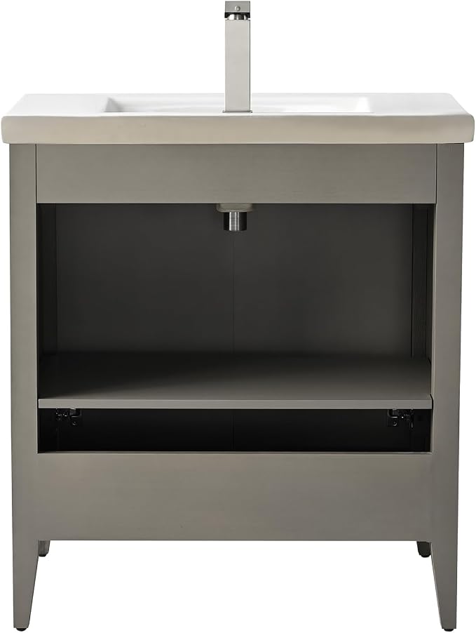 Vanity Art 30 inch Bathroom Vanity with Single Sink & Ceramic Top, Vanity Cabinet with Soft-Closing Door, Solid Wood Frame, Linear Pattern, Driftwood Gray, Golden Brushed Handware VA9130-DG-GB