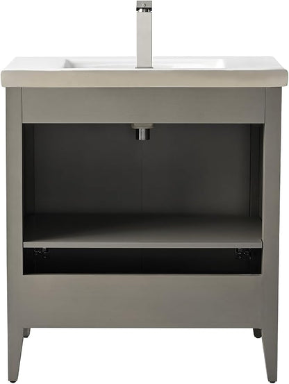 Vanity Art 30 inch Bathroom Vanity with Single Sink & Ceramic Top, Vanity Cabinet with Soft-Closing Door, Solid Wood Frame, Linear Pattern, Driftwood Gray, Golden Brushed Handware VA9130-DG-GB