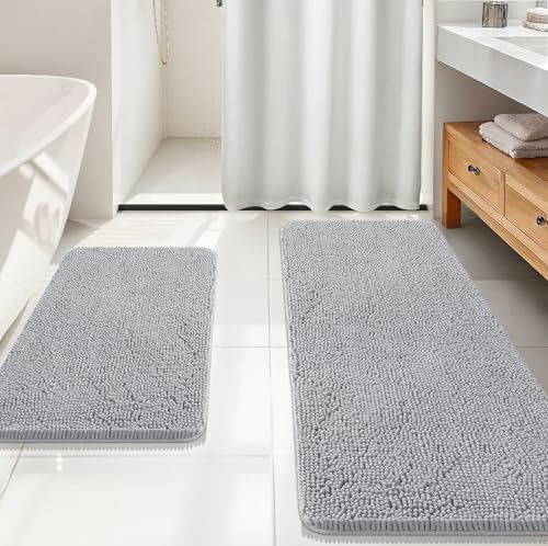 OLANLY Chenille Bathroom Rugs Mats Set 2 Piece, 59"x20"+30"x20", Light Grey