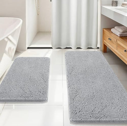 OLANLY Chenille Bathroom Rugs Mats Set 2 Piece, 59"x20"+30"x20", Light Grey