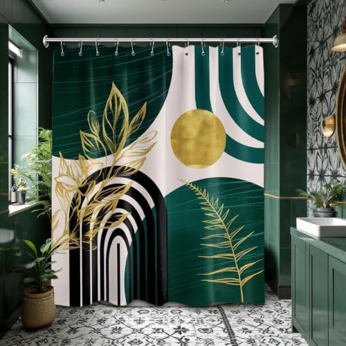Emerald Green and Gold Shower Curtain, 72x72 in, Mid Century Modern